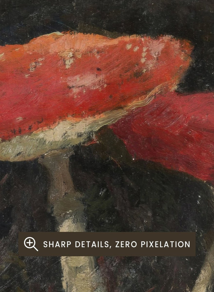 Amanitas by Gustav Macoun is a vintage still life print of red mushrooms in dark forest moss, a woodland nature print great for a rustic wall art collection.