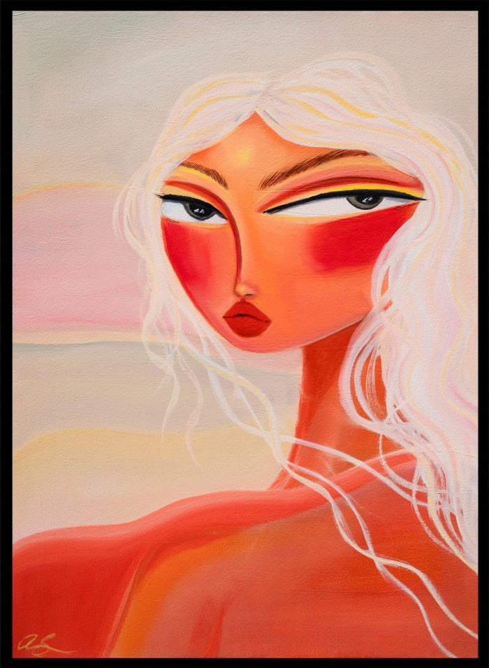 Abstract painting of a woman with a stylized face and flowing hair. Blonde Sunset Gaze by Amy Straley is a contemporary figurative art print featuring a feminine portrait, warm sunset tones, and modern expressive wall art.