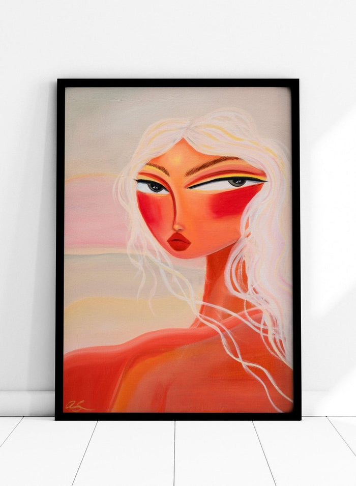 Abstract painting of a woman with a stylized face and flowing hair. Blonde Sunset Gaze by Amy Straley is a contemporary figurative art print featuring a feminine portrait, warm sunset tones, and modern expressive wall art.