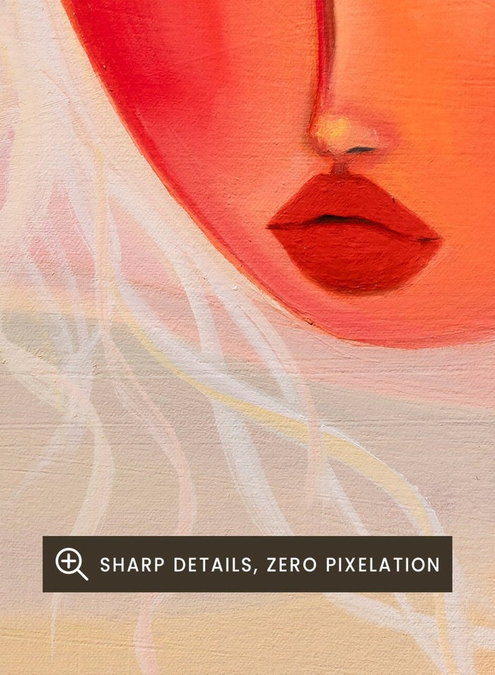 Abstract painting of a woman with a stylized face and flowing hair. Blonde Sunset Gaze by Amy Straley is a contemporary figurative art print featuring a feminine portrait, warm sunset tones, and modern expressive wall art.