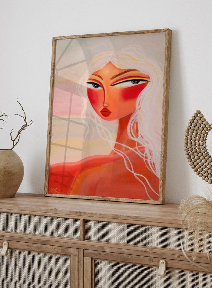 Abstract painting of a woman with a stylized face and flowing hair. Blonde Sunset Gaze by Amy Straley is a contemporary figurative art print featuring a feminine portrait, warm sunset tones, and modern expressive wall art.