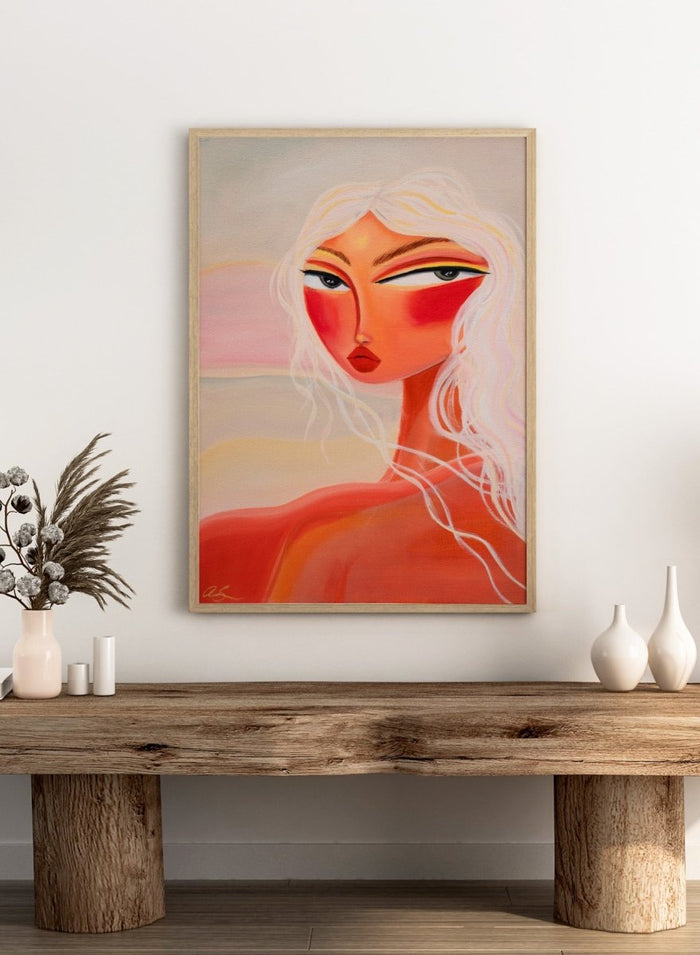 Abstract painting of a woman with a stylized face and flowing hair. Blonde Sunset Gaze by Amy Straley is a contemporary figurative art print featuring a feminine portrait, warm sunset tones, and modern expressive wall art.