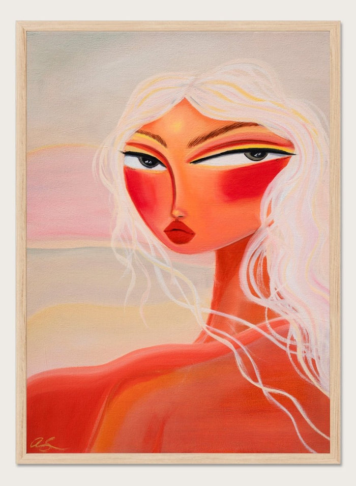 Abstract painting of a woman with a stylized face and flowing hair. Blonde Sunset Gaze by Amy Straley is a contemporary figurative art print featuring a feminine portrait, warm sunset tones, and modern expressive wall art.
