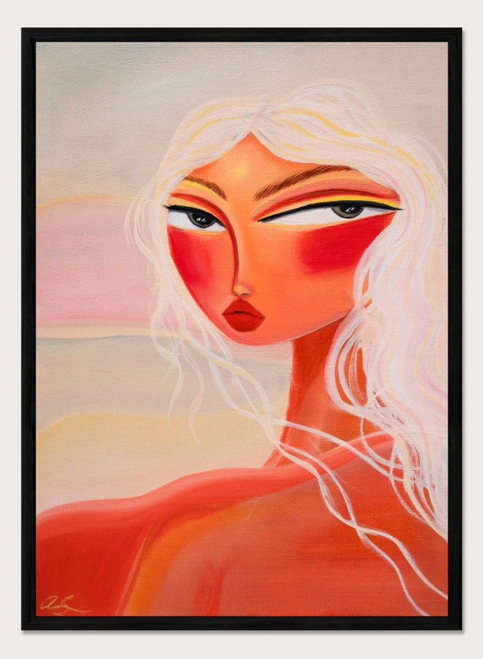 Abstract painting of a woman with a stylized face and flowing hair. Blonde Sunset Gaze by Amy Straley is a contemporary figurative art print featuring a feminine portrait, warm sunset tones, and modern expressive wall art.