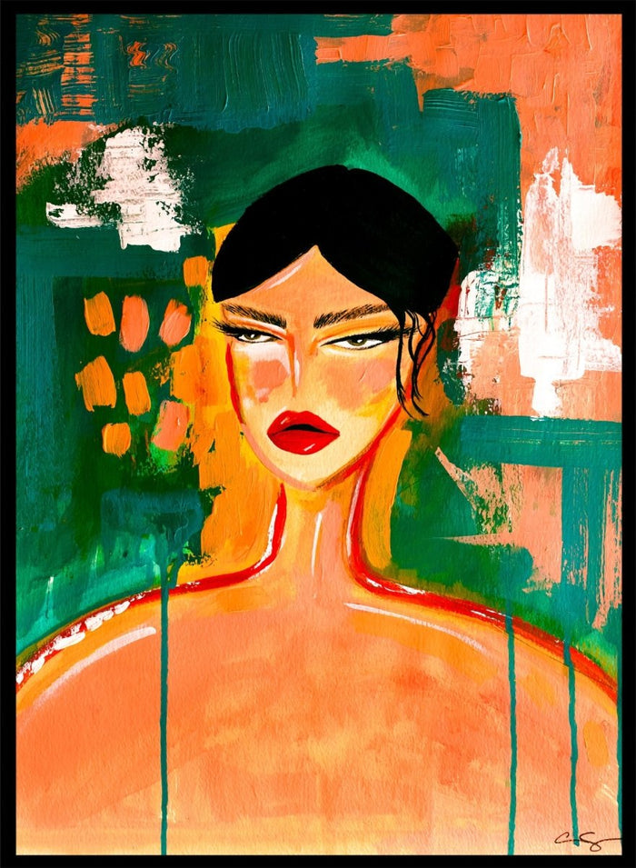 Abstract painting of a woman's face with bold colors and textures. Bold Abstract Woman by Amy Straley is a contemporary figurative art print featuring expressive portraiture, abstract brushwork, and vibrant modern color.