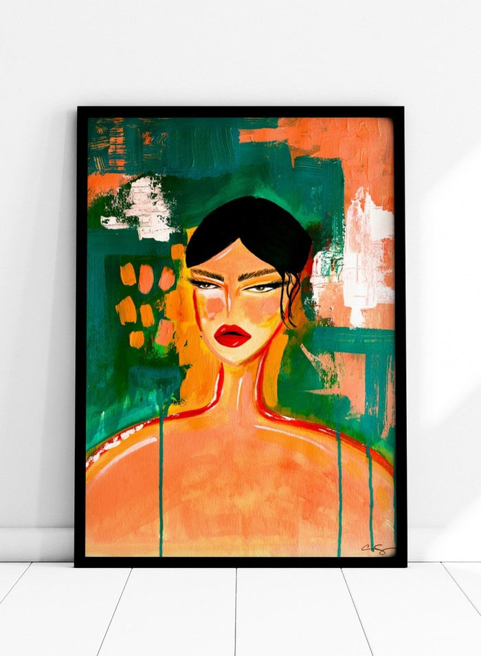 Abstract painting of a woman's face with bold colors and textures. Bold Abstract Woman by Amy Straley is a contemporary figurative art print featuring expressive portraiture, abstract brushwork, and vibrant modern color.