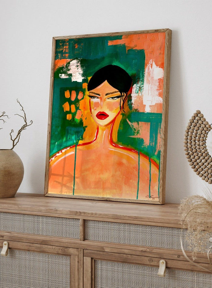 Abstract painting of a woman's face with bold colors and textures. Bold Abstract Woman by Amy Straley is a contemporary figurative art print featuring expressive portraiture, abstract brushwork, and vibrant modern color.