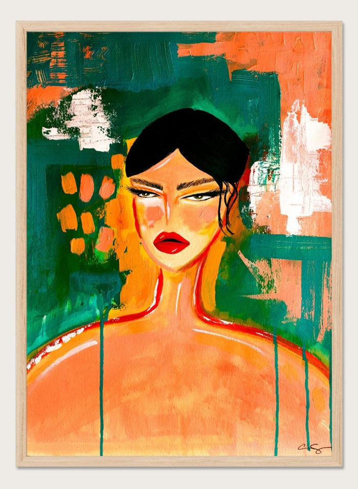 Abstract painting of a woman's face with bold colors and textures. Bold Abstract Woman by Amy Straley is a contemporary figurative art print featuring expressive portraiture, abstract brushwork, and vibrant modern color.