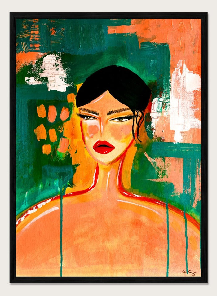 Abstract painting of a woman's face with bold colors and textures. Bold Abstract Woman by Amy Straley is a contemporary figurative art print featuring expressive portraiture, abstract brushwork, and vibrant modern color.