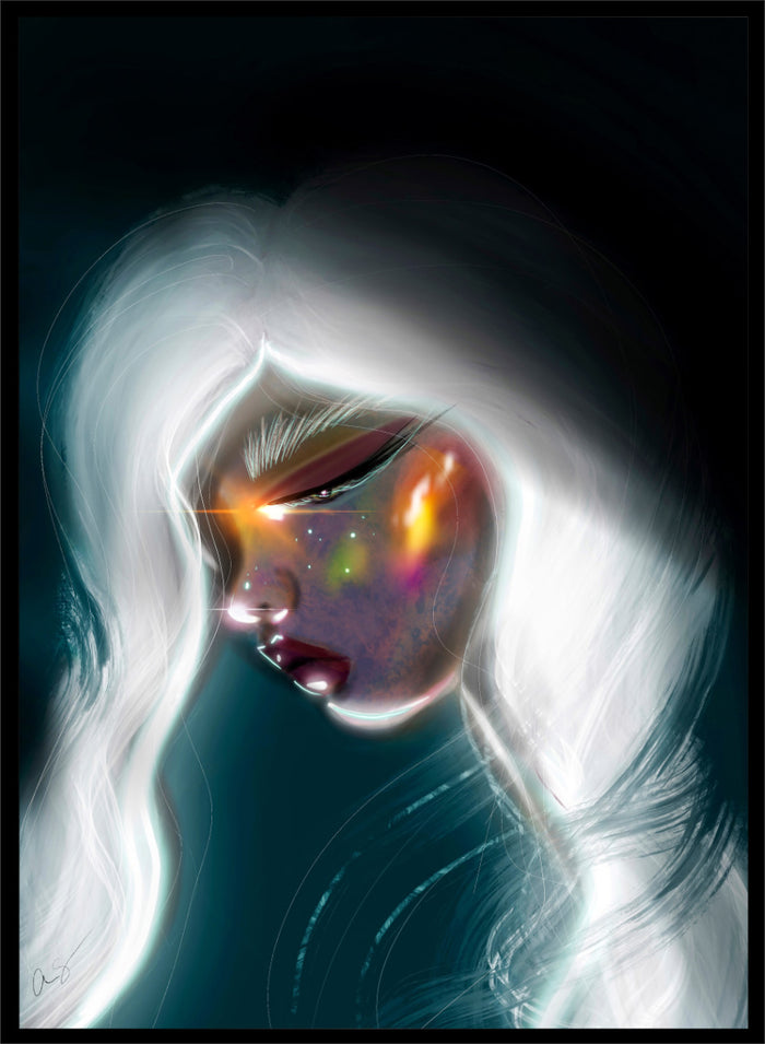 Shop Cosmic Woman Portrait by Amy Straley, a contemporary figurative wall art print featuring a woman with white hair, glowing details, and deep teal tones.