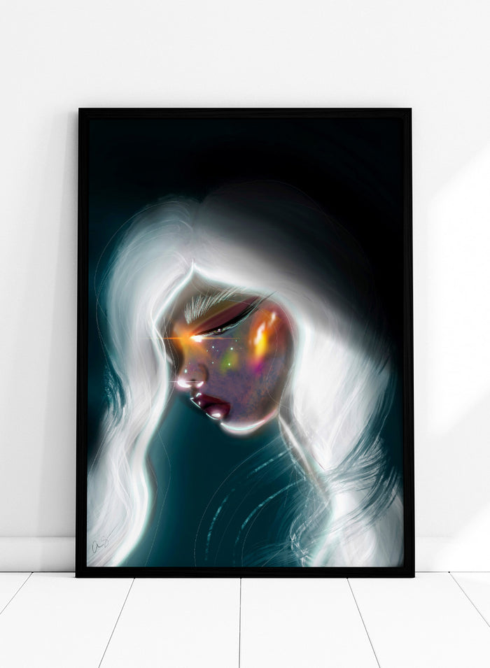 Shop Cosmic Woman Portrait by Amy Straley, a contemporary figurative wall art print featuring a woman with white hair, glowing details, and deep teal tones.