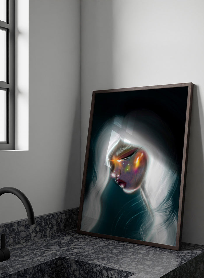 Shop Cosmic Woman Portrait by Amy Straley, a contemporary figurative wall art print featuring a woman with white hair, glowing details, and deep teal tones.