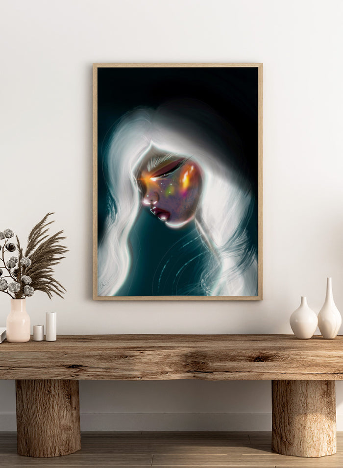 Shop Cosmic Woman Portrait by Amy Straley, a contemporary figurative wall art print featuring a woman with white hair, glowing details, and deep teal tones.