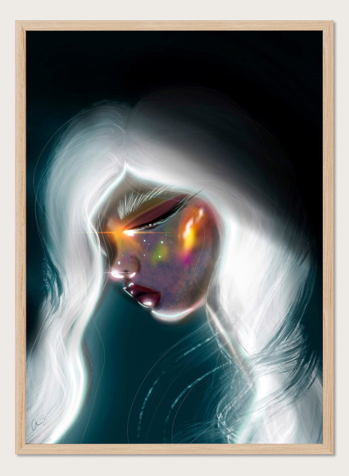 Shop Cosmic Woman Portrait by Amy Straley, a contemporary figurative wall art print featuring a woman with white hair, glowing details, and deep teal tones.