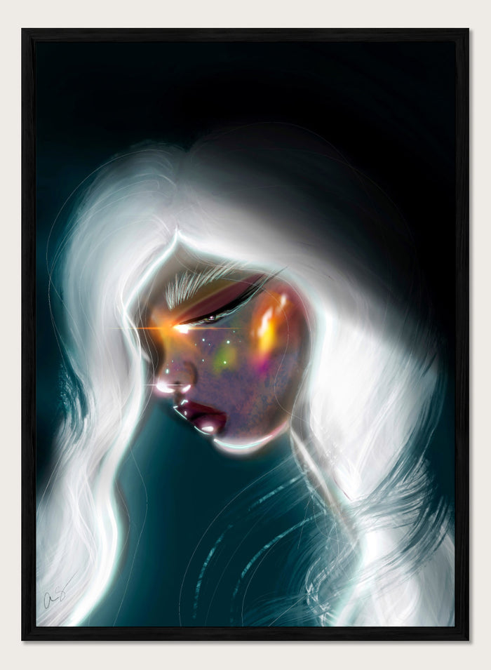 Shop Cosmic Woman Portrait by Amy Straley, a contemporary figurative wall art print featuring a woman with white hair, glowing details, and deep teal tones.