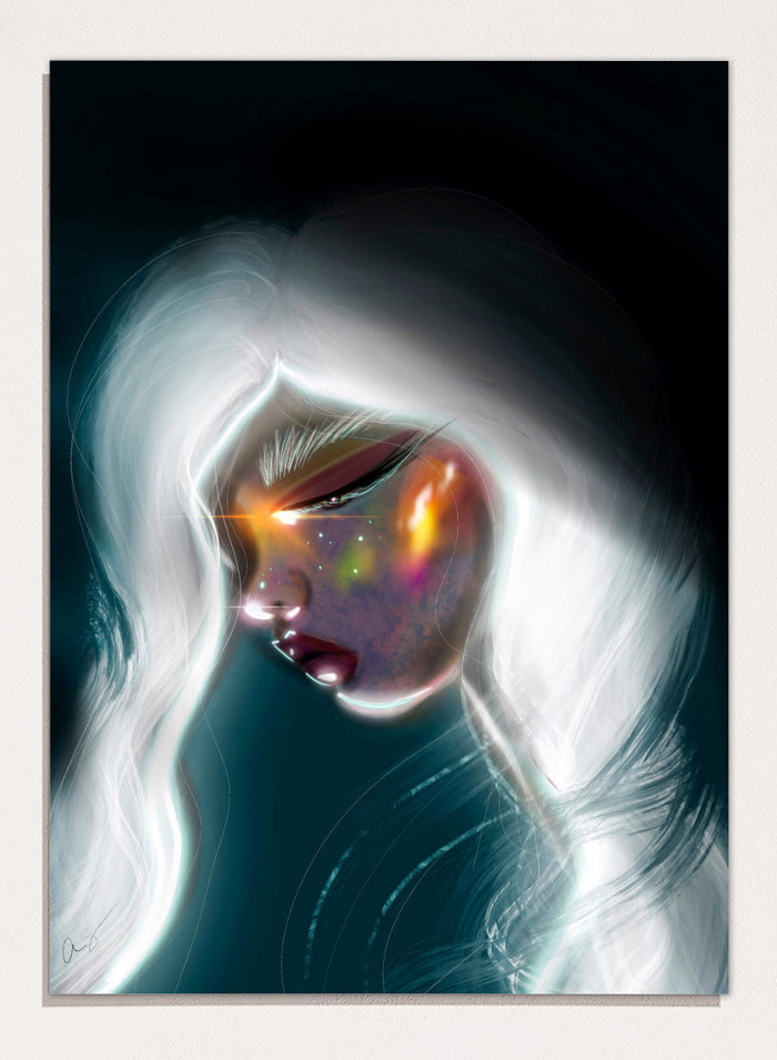 Shop Cosmic Woman Portrait by Amy Straley, a contemporary figurative wall art print featuring a woman with white hair, glowing details, and deep teal tones.