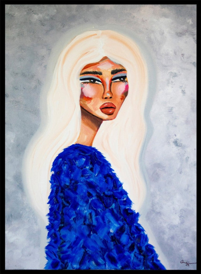 Artistic depiction of a woman with long blonde hair wearing a blue textured garment against a gray background. Elegant Blue Fashion by Amy Straley is a contemporary figurative art print featuring a feminine portrait, bold blue tones, and expressive modern artwork.