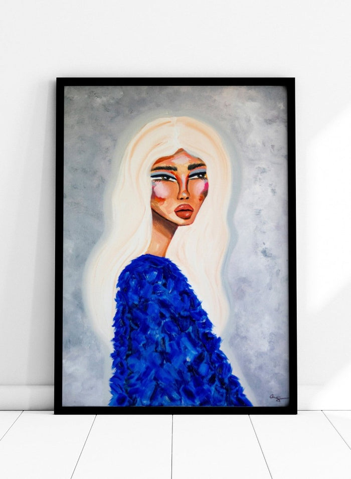Artistic depiction of a woman with long blonde hair wearing a blue textured garment against a gray background. Elegant Blue Fashion by Amy Straley is a contemporary figurative art print featuring a feminine portrait, bold blue tones, and expressive modern artwork.