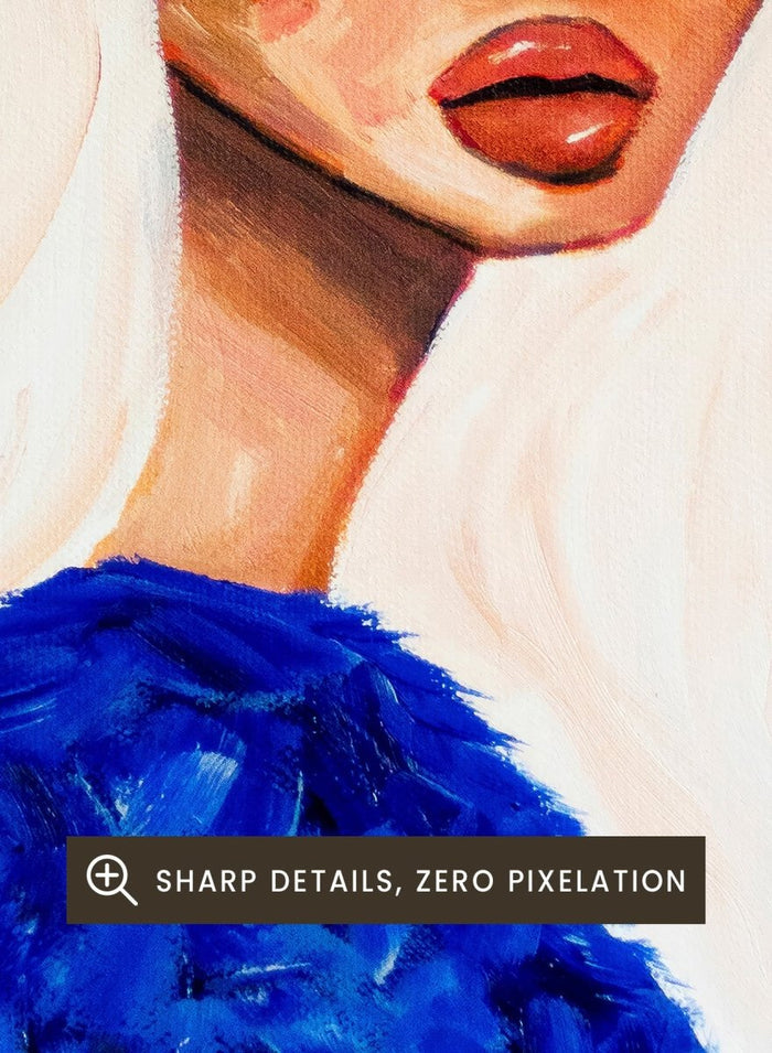 Artistic depiction of a woman with long blonde hair wearing a blue textured garment against a gray background. Elegant Blue Fashion by Amy Straley is a contemporary figurative art print featuring a feminine portrait, bold blue tones, and expressive modern artwork.