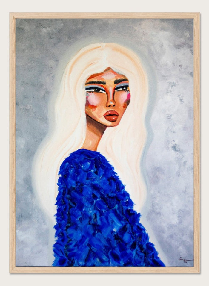 Artistic depiction of a woman with long blonde hair wearing a blue textured garment against a gray background. Elegant Blue Fashion by Amy Straley is a contemporary figurative art print featuring a feminine portrait, bold blue tones, and expressive modern artwork.