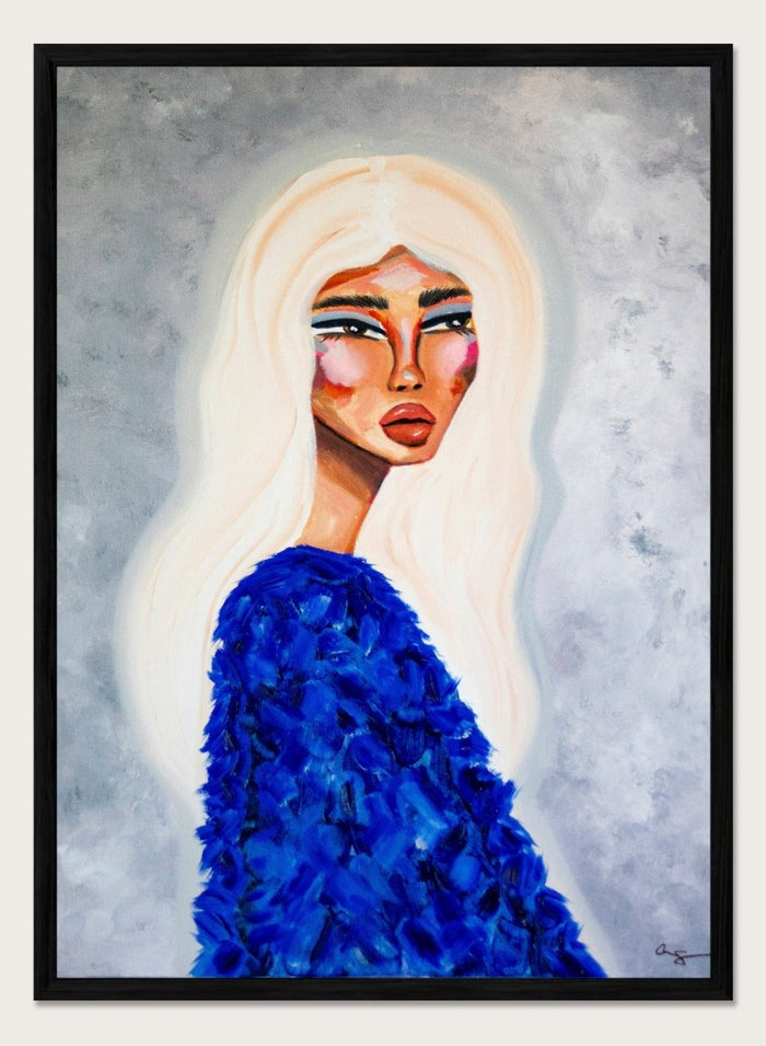 Artistic depiction of a woman with long blonde hair wearing a blue textured garment against a gray background. Elegant Blue Fashion by Amy Straley is a contemporary figurative art print featuring a feminine portrait, bold blue tones, and expressive modern artwork.
