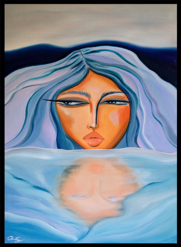 Artistic depiction of a woman with blue hair and a serene expression, surrounded by water. Ethereal Woman's Reflection by Amy Straley is a contemporary figurative art print featuring a feminine portrait, water reflection, and soft blue tones.