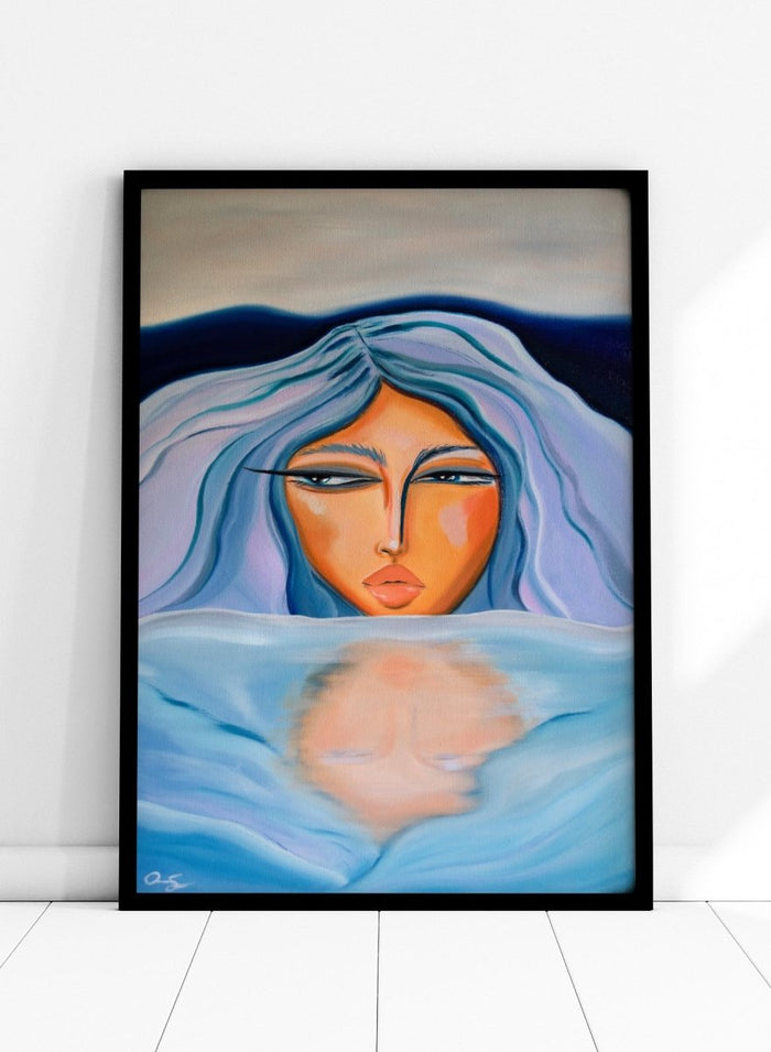 Artistic depiction of a woman with blue hair and a serene expression, surrounded by water. Ethereal Woman's Reflection by Amy Straley is a contemporary figurative art print featuring a feminine portrait, water reflection, and soft blue tones.