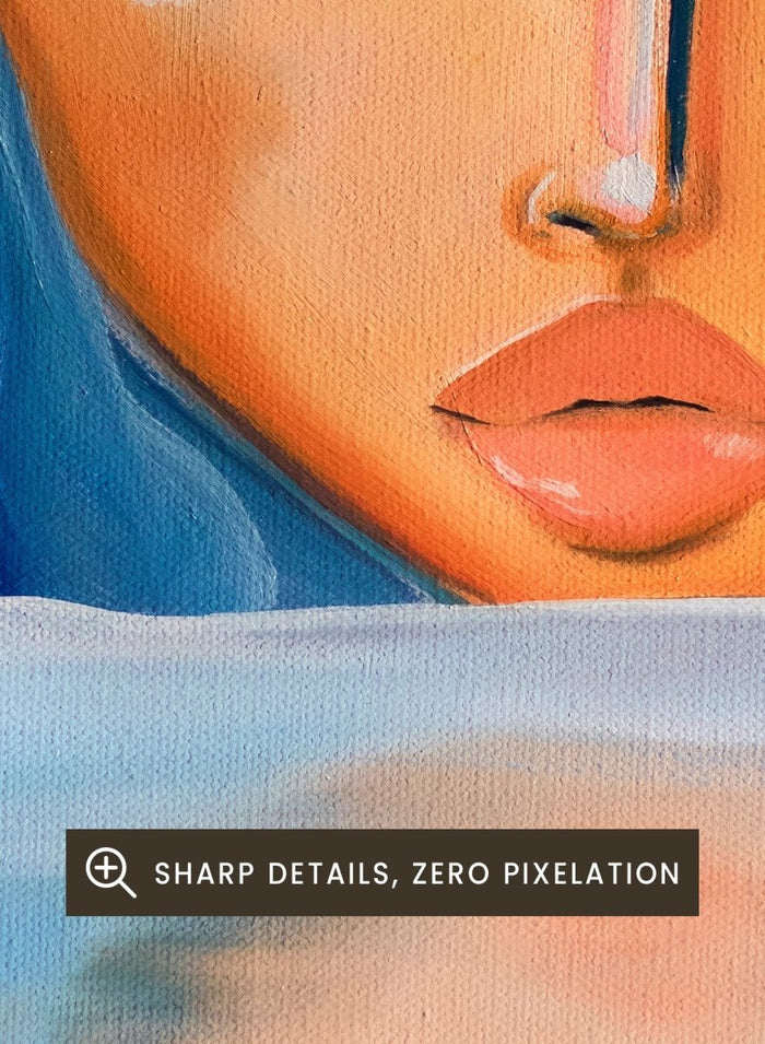 Artistic depiction of a woman with blue hair and a serene expression, surrounded by water. Ethereal Woman's Reflection by Amy Straley is a contemporary figurative art print featuring a feminine portrait, water reflection, and soft blue tones.