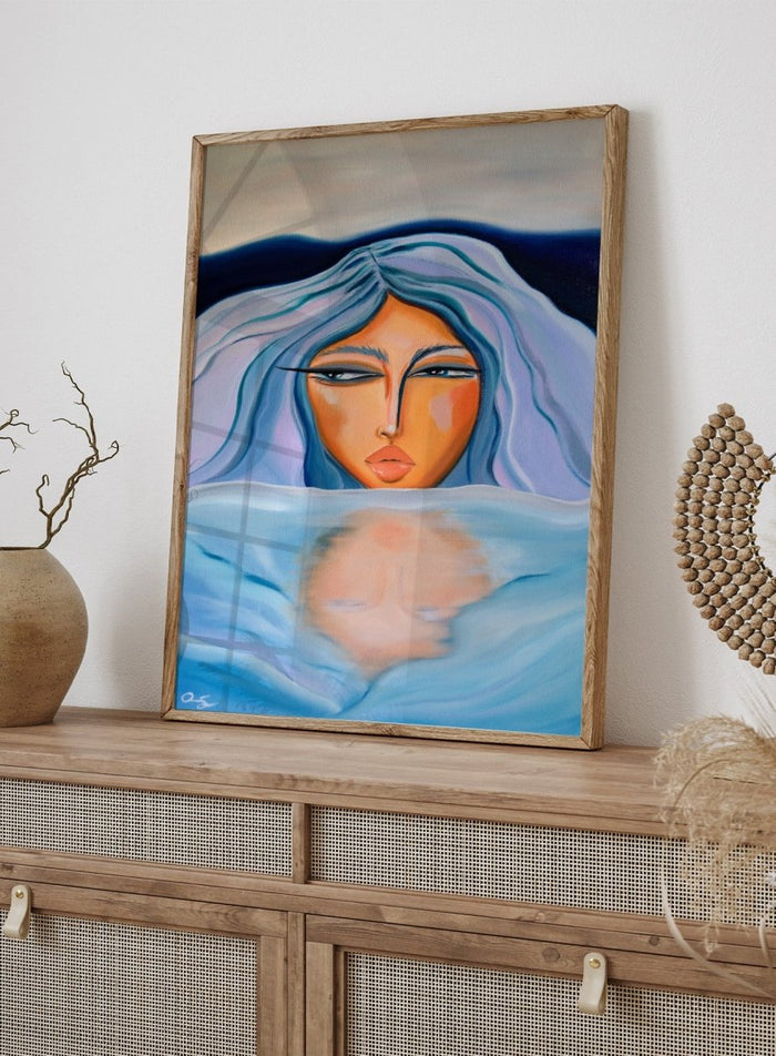 Artistic depiction of a woman with blue hair and a serene expression, surrounded by water. Ethereal Woman's Reflection by Amy Straley is a contemporary figurative art print featuring a feminine portrait, water reflection, and soft blue tones.