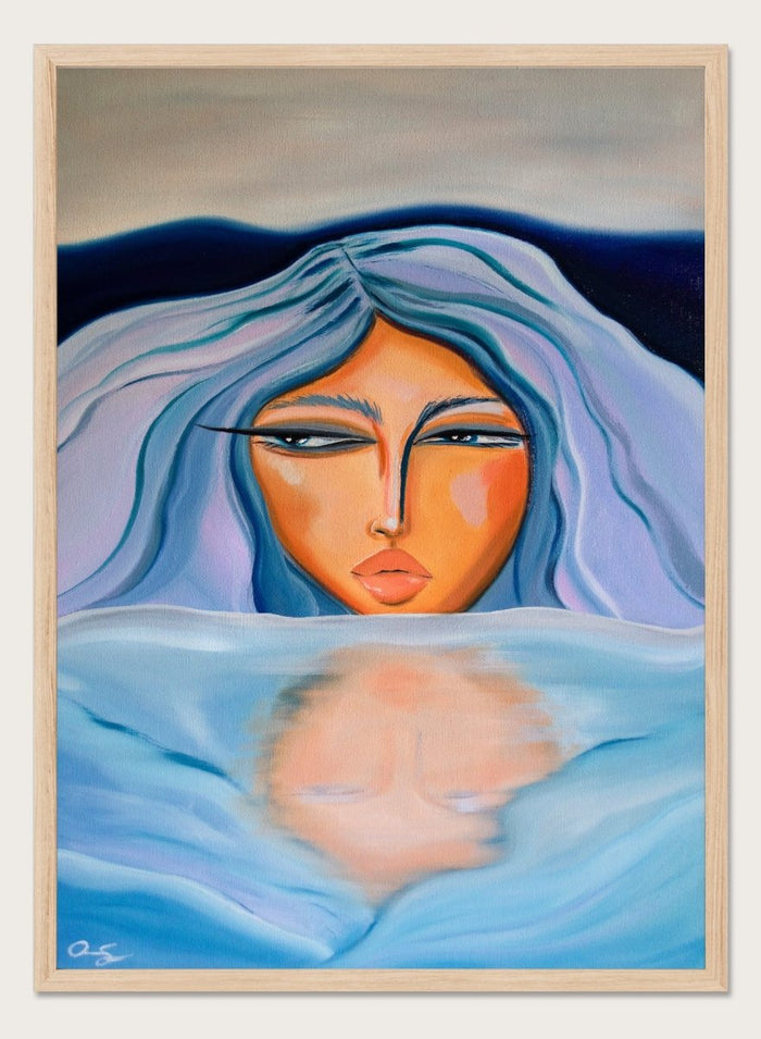 Artistic depiction of a woman with blue hair and a serene expression, surrounded by water. Ethereal Woman's Reflection by Amy Straley is a contemporary figurative art print featuring a feminine portrait, water reflection, and soft blue tones.