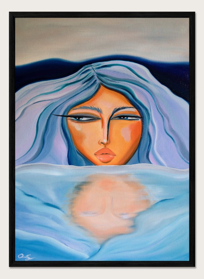 Artistic depiction of a woman with blue hair and a serene expression, surrounded by water. Ethereal Woman's Reflection by Amy Straley is a contemporary figurative art print featuring a feminine portrait, water reflection, and soft blue tones.