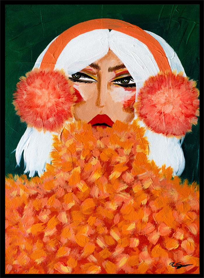 An expressive portrait painting of a woman with white hair, a bright orange headband, large coral-pink pom-pom ear muffs, and a voluminous orange textured coat against a dark green background. Shop Glamorous Orange Earmuffs by Amy Straley, a bold figurative portrait wall art print featuring a stylish woman, orange fashion details, and rich color.