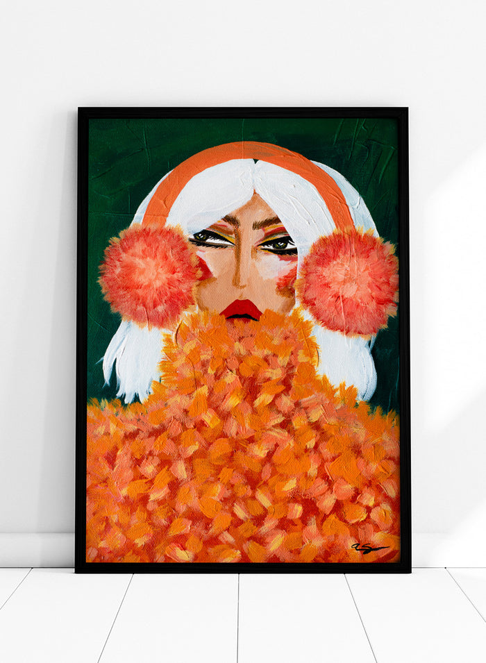 An expressive portrait painting of a woman with white hair, a bright orange headband, large coral-pink pom-pom ear muffs, and a voluminous orange textured coat against a dark green background. Shop Glamorous Orange Earmuffs by Amy Straley, a bold figurative portrait wall art print featuring a stylish woman, orange fashion details, and rich color.