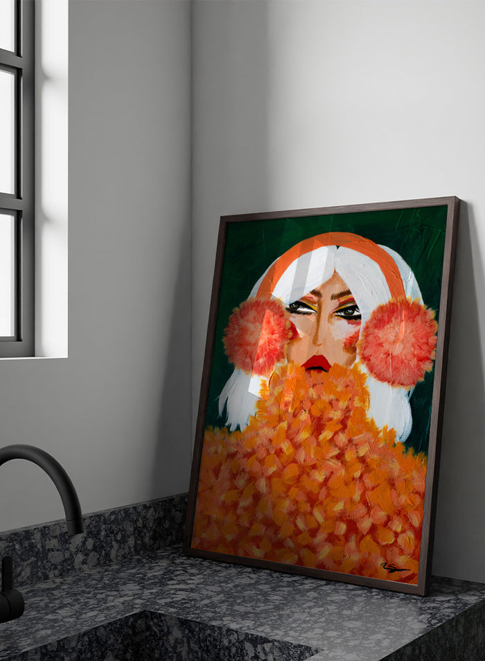 An expressive portrait painting of a woman with white hair, a bright orange headband, large coral-pink pom-pom ear muffs, and a voluminous orange textured coat against a dark green background. Shop Glamorous Orange Earmuffs by Amy Straley, a bold figurative portrait wall art print featuring a stylish woman, orange fashion details, and rich color.
