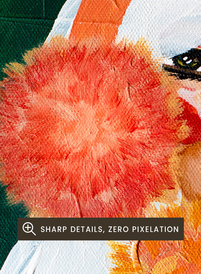 An expressive portrait painting of a woman with white hair, a bright orange headband, large coral-pink pom-pom ear muffs, and a voluminous orange textured coat against a dark green background. Shop Glamorous Orange Earmuffs by Amy Straley, a bold figurative portrait wall art print featuring a stylish woman, orange fashion details, and rich color.