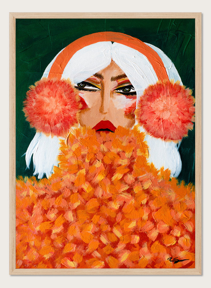 An expressive portrait painting of a woman with white hair, a bright orange headband, large coral-pink pom-pom ear muffs, and a voluminous orange textured coat against a dark green background. Shop Glamorous Orange Earmuffs by Amy Straley, a bold figurative portrait wall art print featuring a stylish woman, orange fashion details, and rich color.