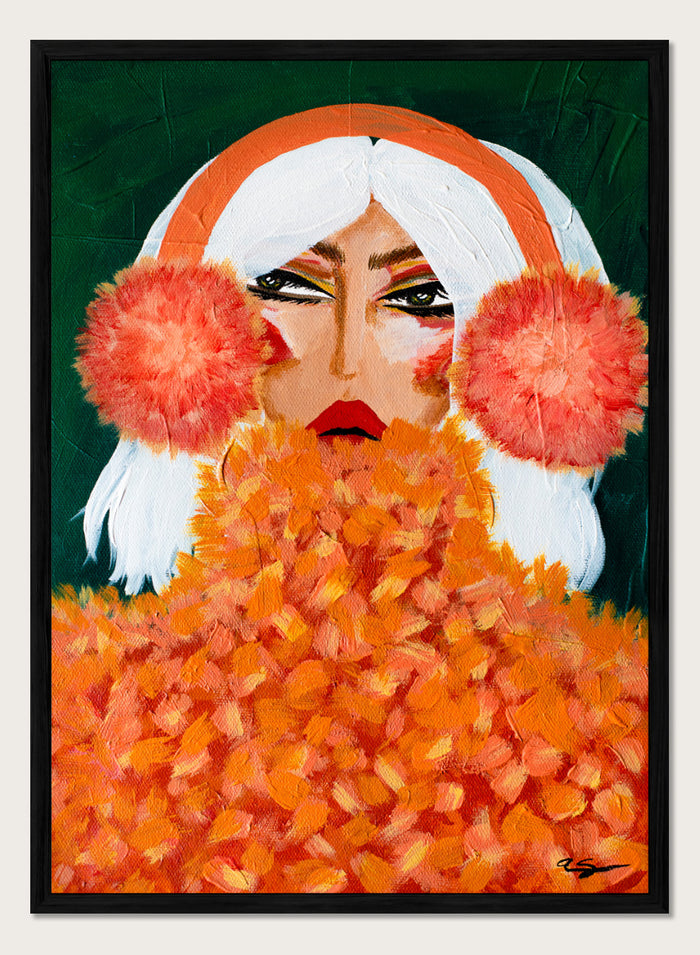 An expressive portrait painting of a woman with white hair, a bright orange headband, large coral-pink pom-pom ear muffs, and a voluminous orange textured coat against a dark green background. Shop Glamorous Orange Earmuffs by Amy Straley, a bold figurative portrait wall art print featuring a stylish woman, orange fashion details, and rich color.