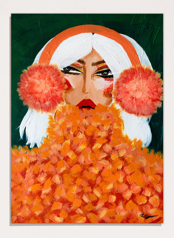 An expressive portrait painting of a woman with white hair, a bright orange headband, large coral-pink pom-pom ear muffs, and a voluminous orange textured coat against a dark green background. Shop Glamorous Orange Earmuffs by Amy Straley, a bold figurative portrait wall art print featuring a stylish woman, orange fashion details, and rich color.