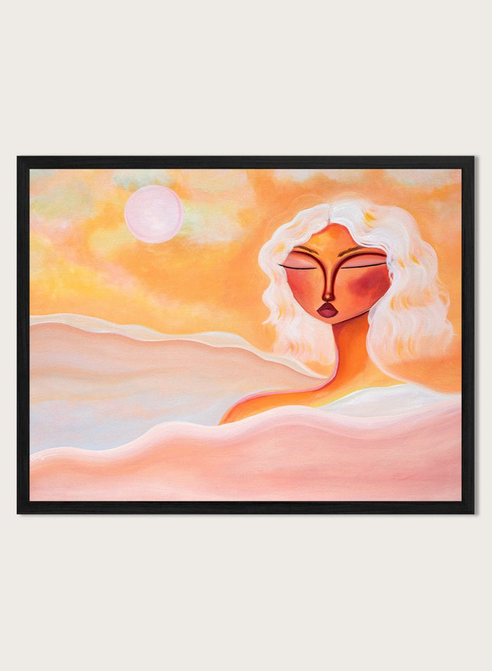 Framed abstract artwork with a woman's face and warm colors. Golden Hour Dreamer by Amy Straley is a contemporary figurative art print featuring warm sunset tones, a feminine portrait, and expressive modern artwork.