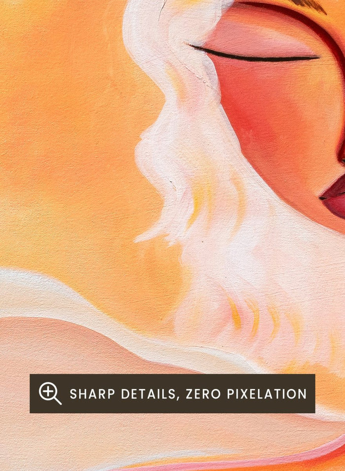 Framed abstract artwork with a woman's face and warm colors. Golden Hour Dreamer by Amy Straley is a contemporary figurative art print featuring warm sunset tones, a feminine portrait, and expressive modern artwork.