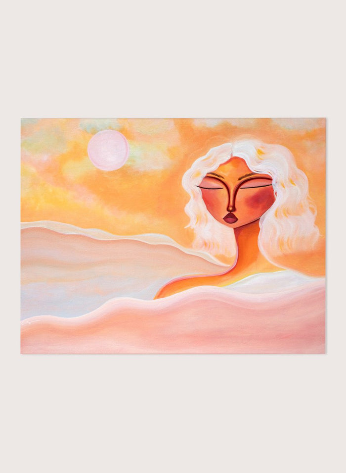 Framed abstract artwork with a woman's face and warm colors. Golden Hour Dreamer by Amy Straley is a contemporary figurative art print featuring warm sunset tones, a feminine portrait, and expressive modern artwork.
