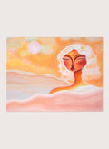 Framed abstract artwork with a woman's face and warm colors. Golden Hour Dreamer by Amy Straley is a contemporary figurative art print featuring warm sunset tones, a feminine portrait, and expressive modern artwork.