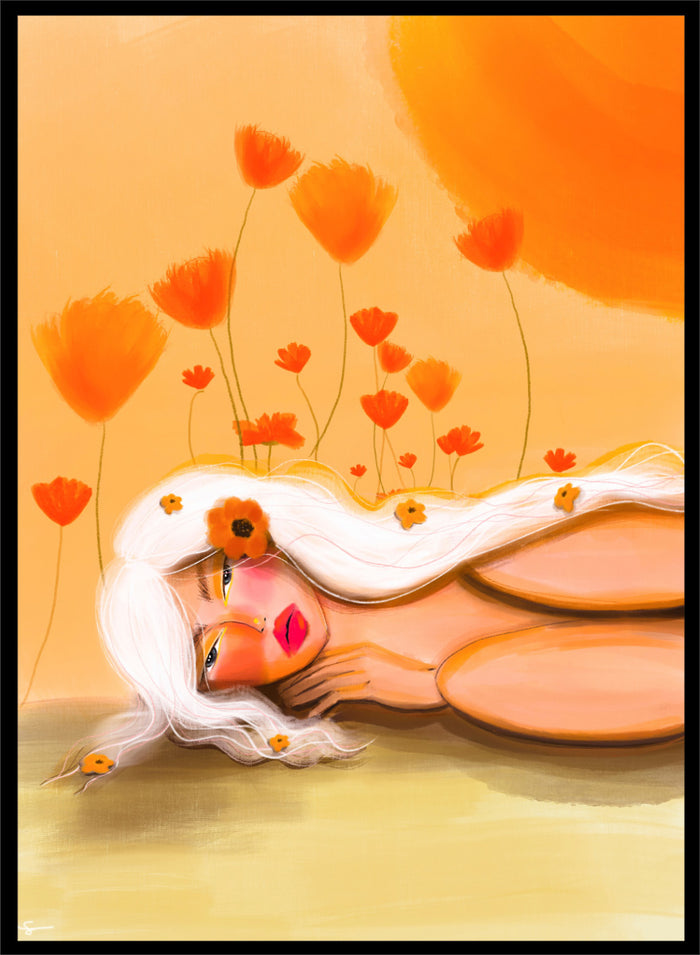 Shop Golden Poppy Dream by Amy Straley, a contemporary figurative wall art print featuring a reclining woman, orange poppies, white hair, and warm golden tones.