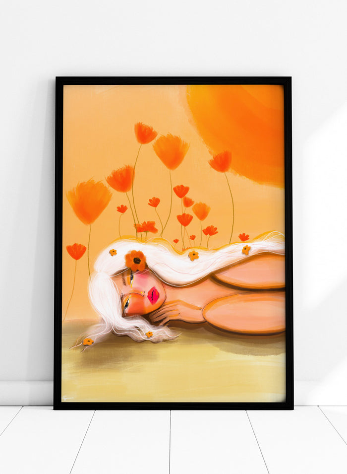 Shop Golden Poppy Dream by Amy Straley, a contemporary figurative wall art print featuring a reclining woman, orange poppies, white hair, and warm golden tones.