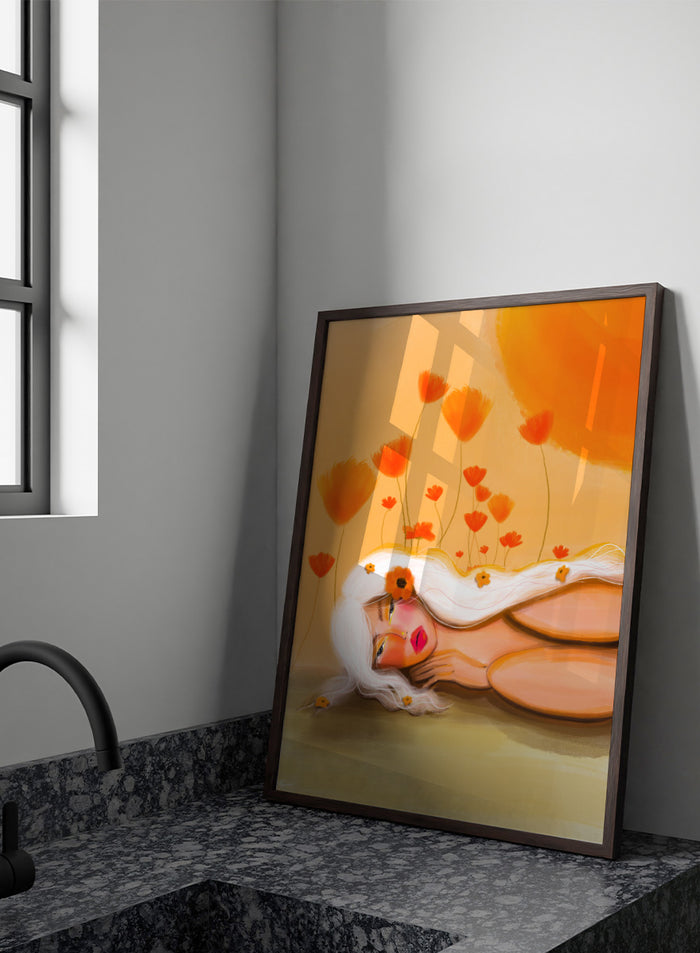 Shop Golden Poppy Dream by Amy Straley, a contemporary figurative wall art print featuring a reclining woman, orange poppies, white hair, and warm golden tones.