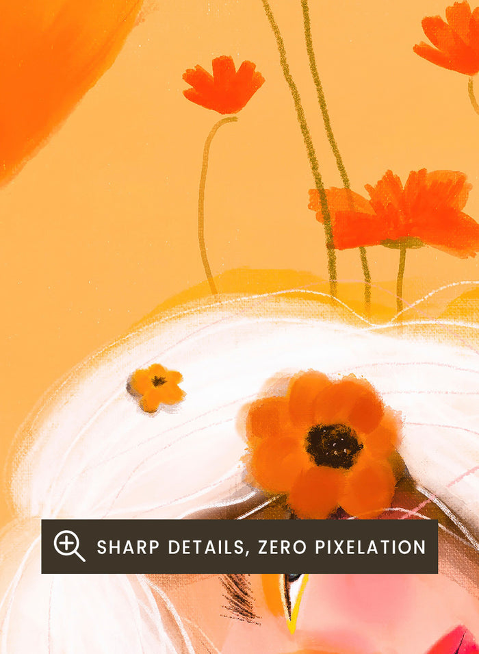 Shop Golden Poppy Dream by Amy Straley, a contemporary figurative wall art print featuring a reclining woman, orange poppies, white hair, and warm golden tones.