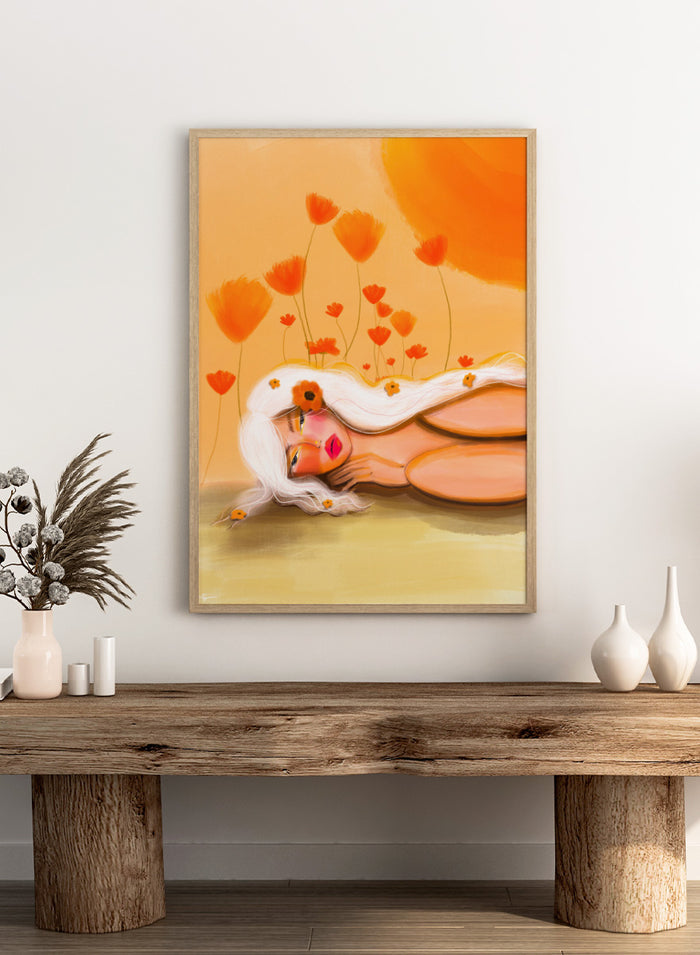 Shop Golden Poppy Dream by Amy Straley, a contemporary figurative wall art print featuring a reclining woman, orange poppies, white hair, and warm golden tones.