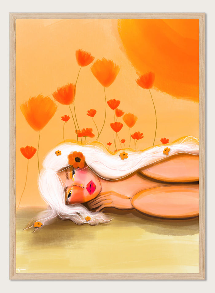 Shop Golden Poppy Dream by Amy Straley, a contemporary figurative wall art print featuring a reclining woman, orange poppies, white hair, and warm golden tones.