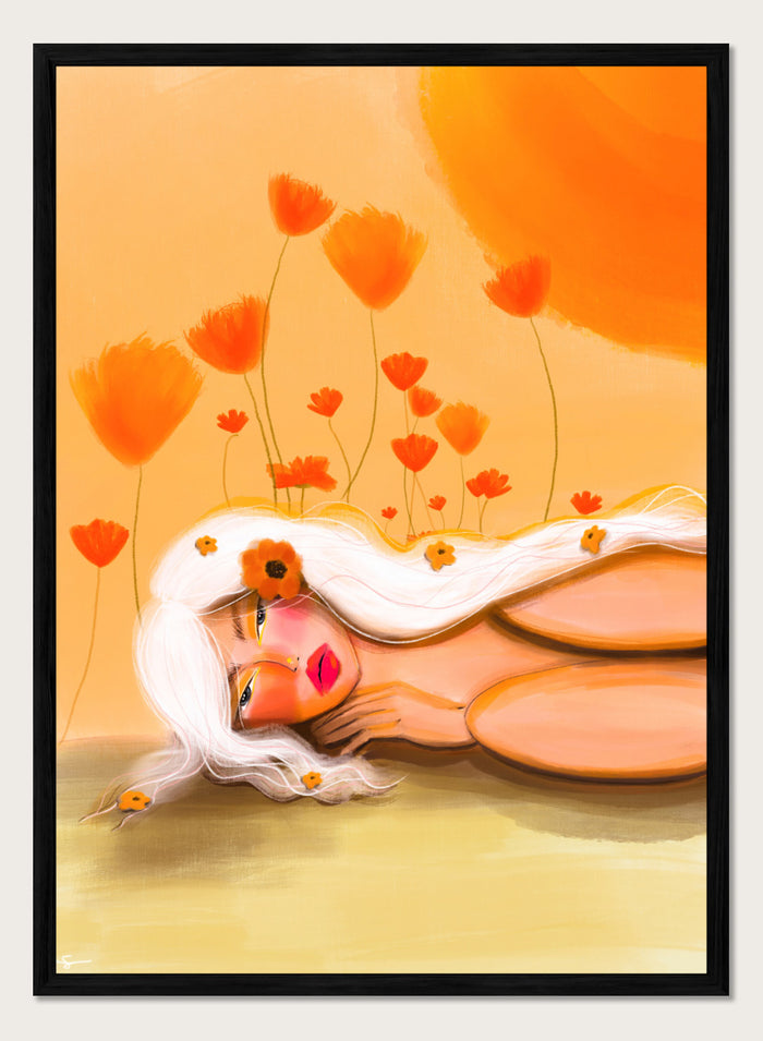 Shop Golden Poppy Dream by Amy Straley, a contemporary figurative wall art print featuring a reclining woman, orange poppies, white hair, and warm golden tones.