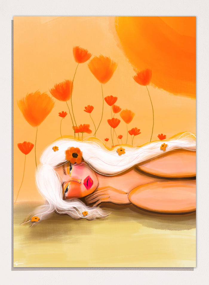 Shop Golden Poppy Dream by Amy Straley, a contemporary figurative wall art print featuring a reclining woman, orange poppies, white hair, and warm golden tones.